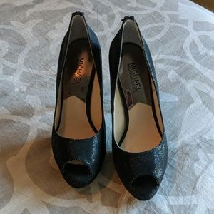 Shimmer black peep toe heels